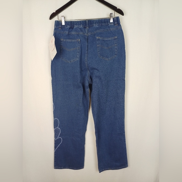 NWT Quacker Factory Beaded Sparkle Heart Stretch Denim Blue Jeans Large A3446 - Picture 7 of 8